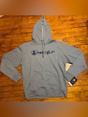 Champion Light Blue Hoodie with Navy Logo